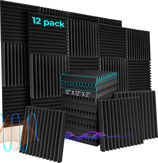 Acoustic foam sound insulation panels, Size: 12 Pack, Black