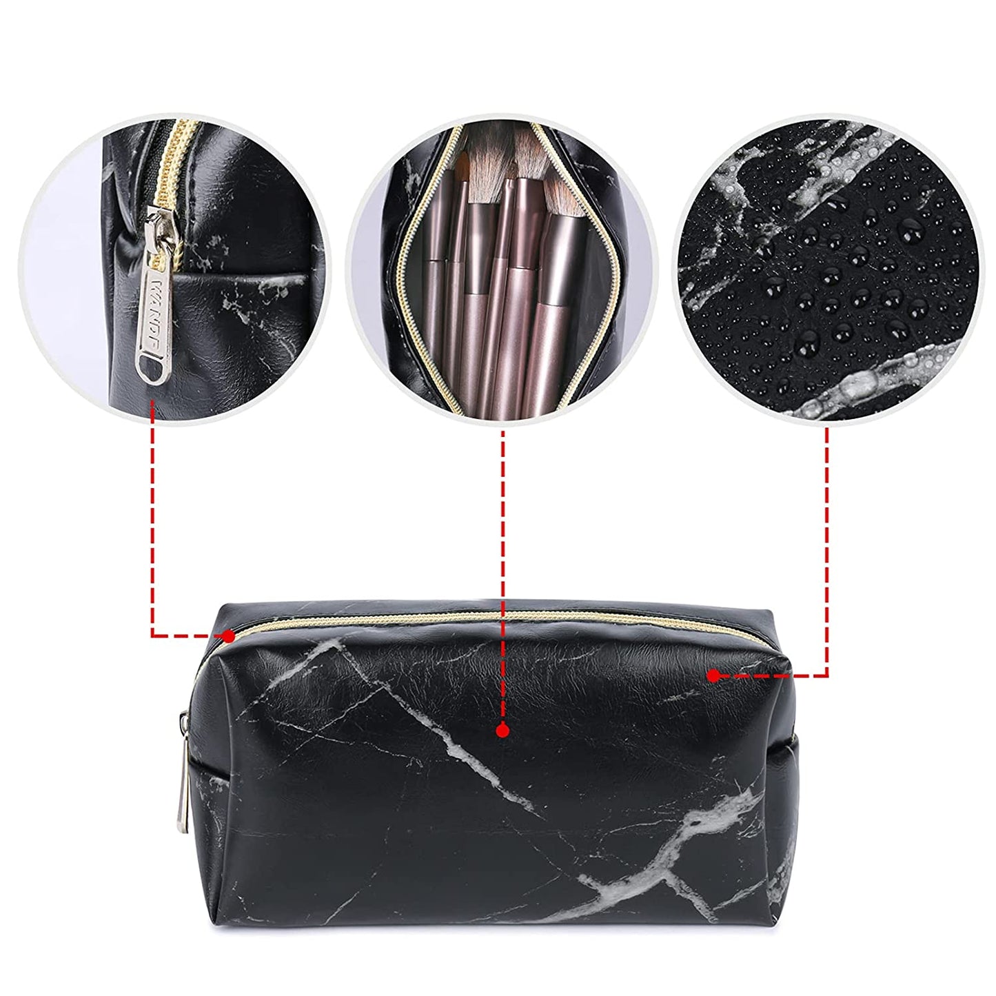 3-Piece Makeup Case, Waterproof Organizer, Black Marble