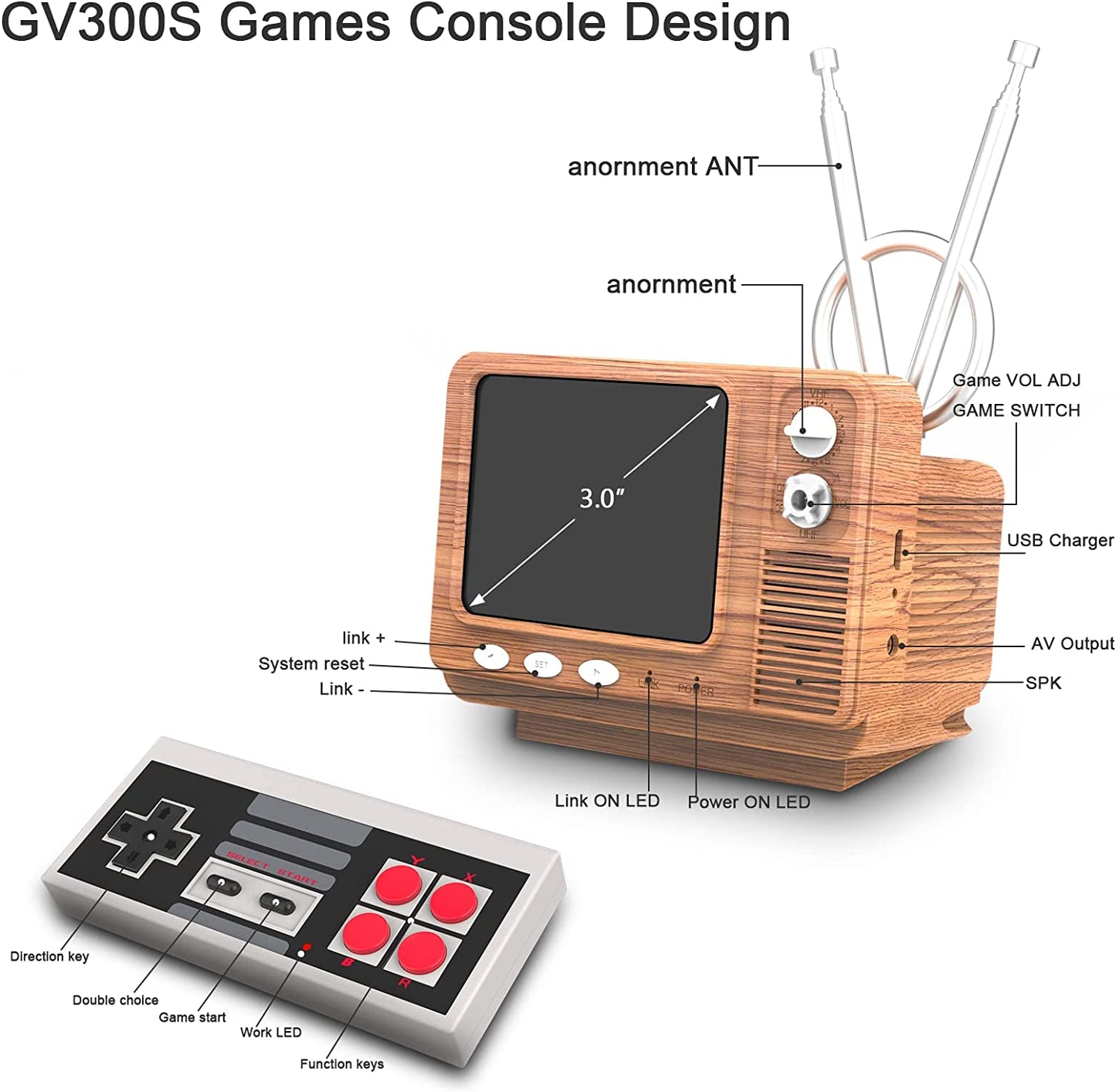 Mini retro TV game console, 2 players, Wood Grain