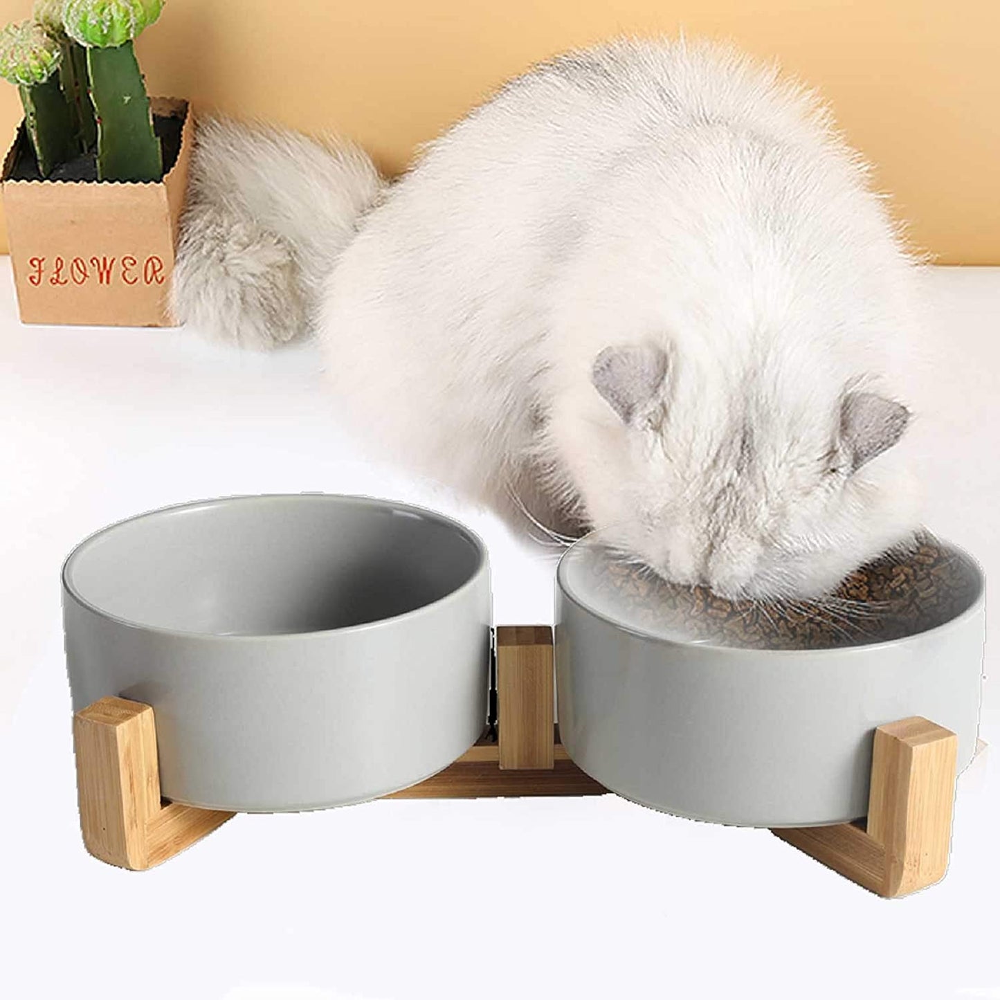 Round Ceramic Pet Bowl with Wood Stand, 28 oz, Grey x 2