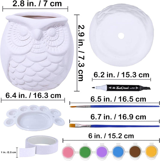 Unpainted Painting Owl Ceramic Flower Pots Craft Kit, 6 Pieces