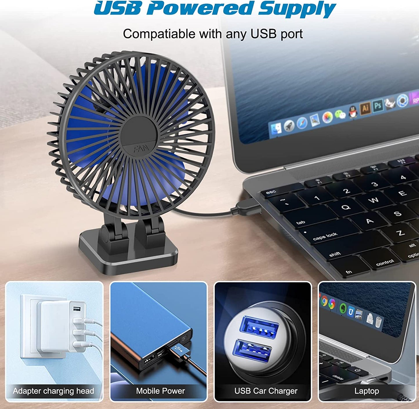 3-speed USB fan in one button, 5 inches (color: black blue)