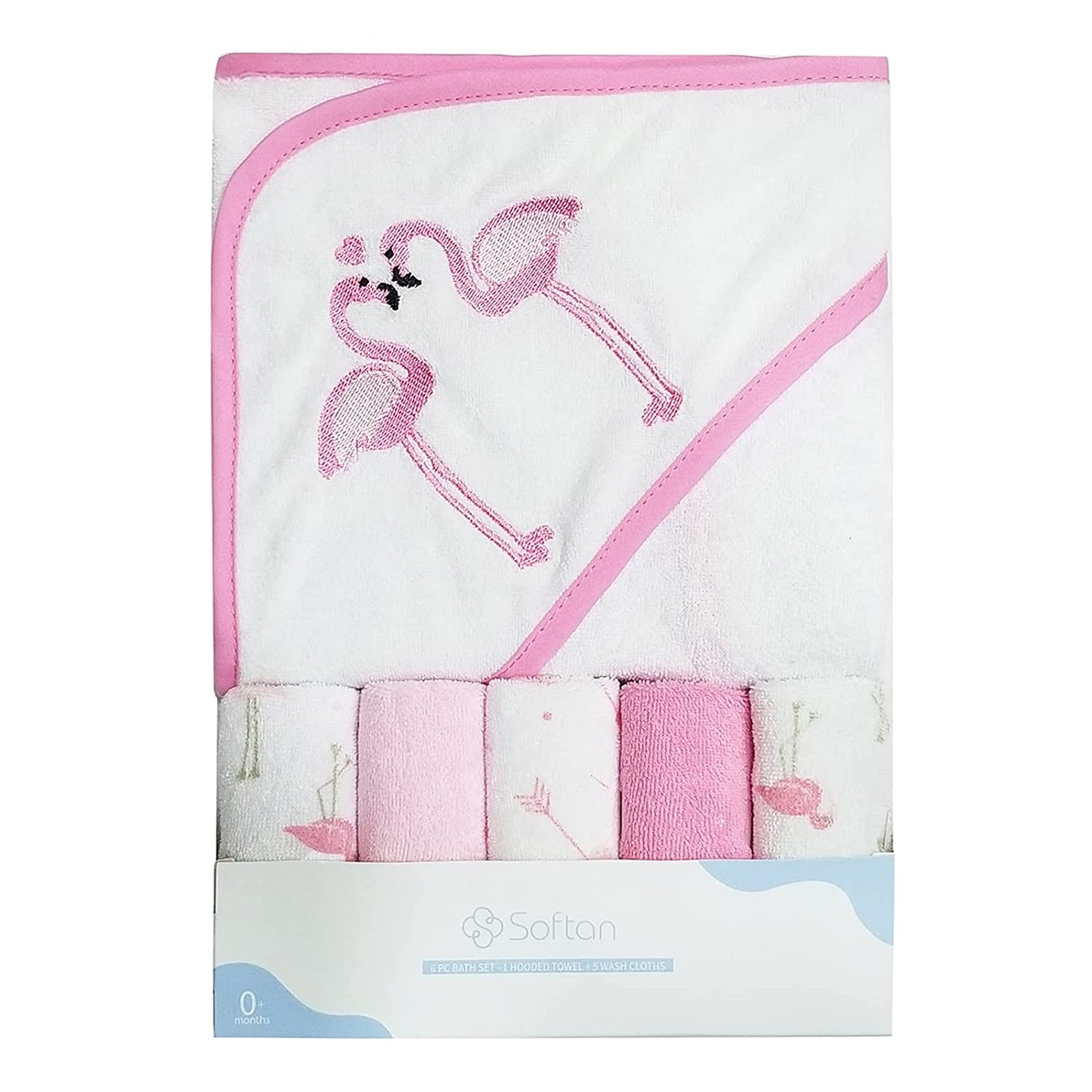 Baby Hooded Bath Towel and Washcloths, Color: Flamingos