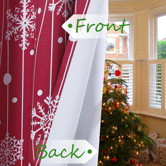 2 Christmas Snowflake Print Curtains, 52" x 108", Red