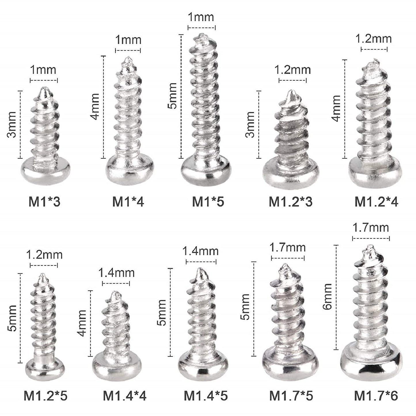 1000pcs M1 M1.2 M1.4 M1.7 Flat Head Mini Screw Kit