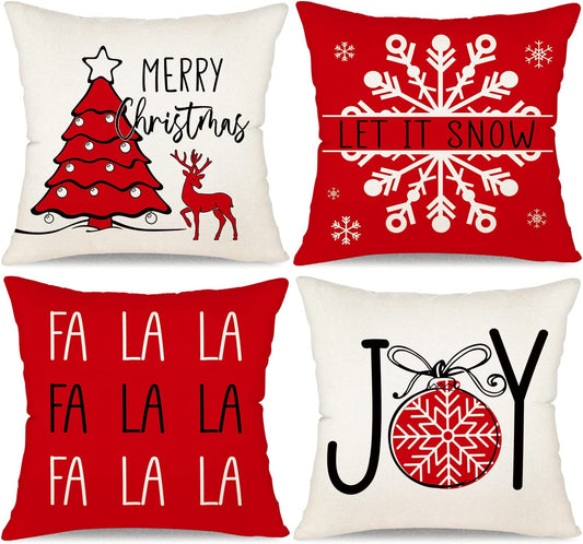 Set of 4 Red Christmas Pillowcases 18x18