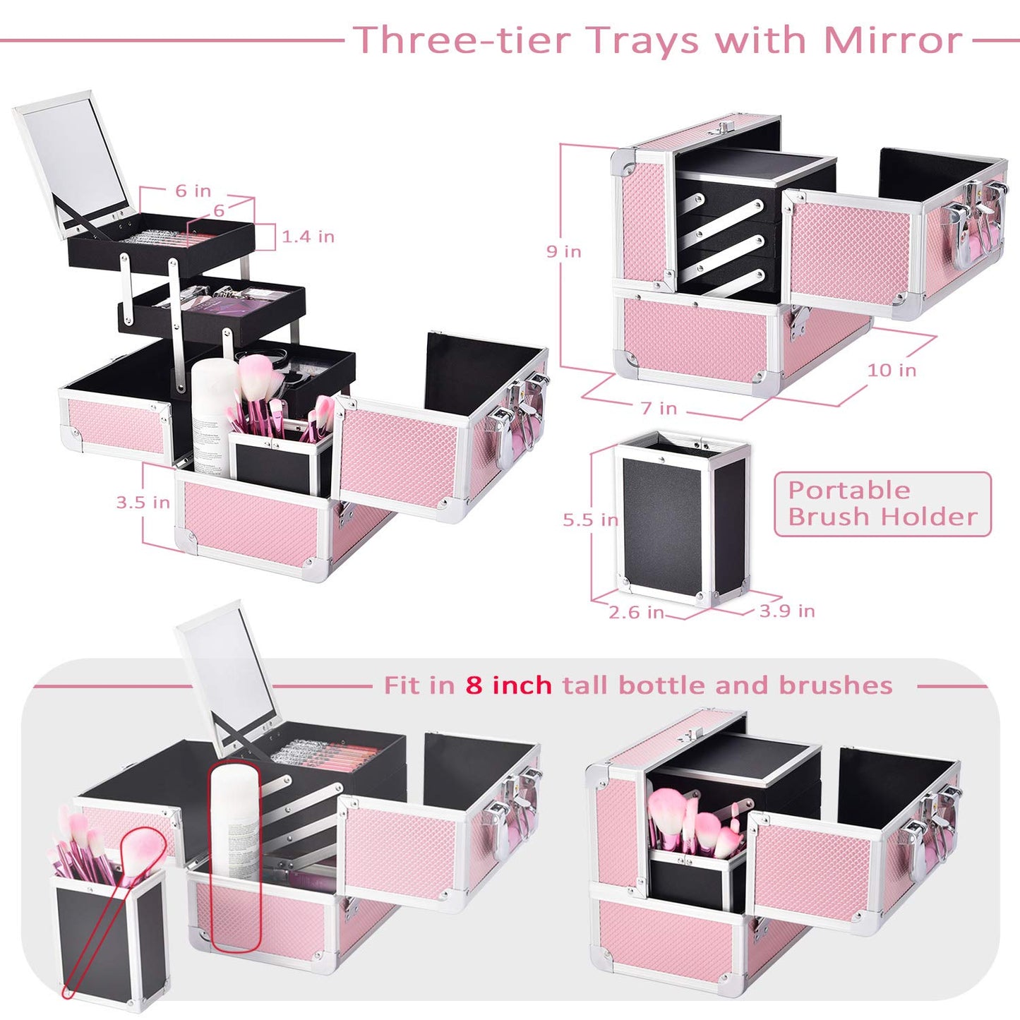 3-Tier Cosmetic Case with Mirror, 10-Inch, (Pink)