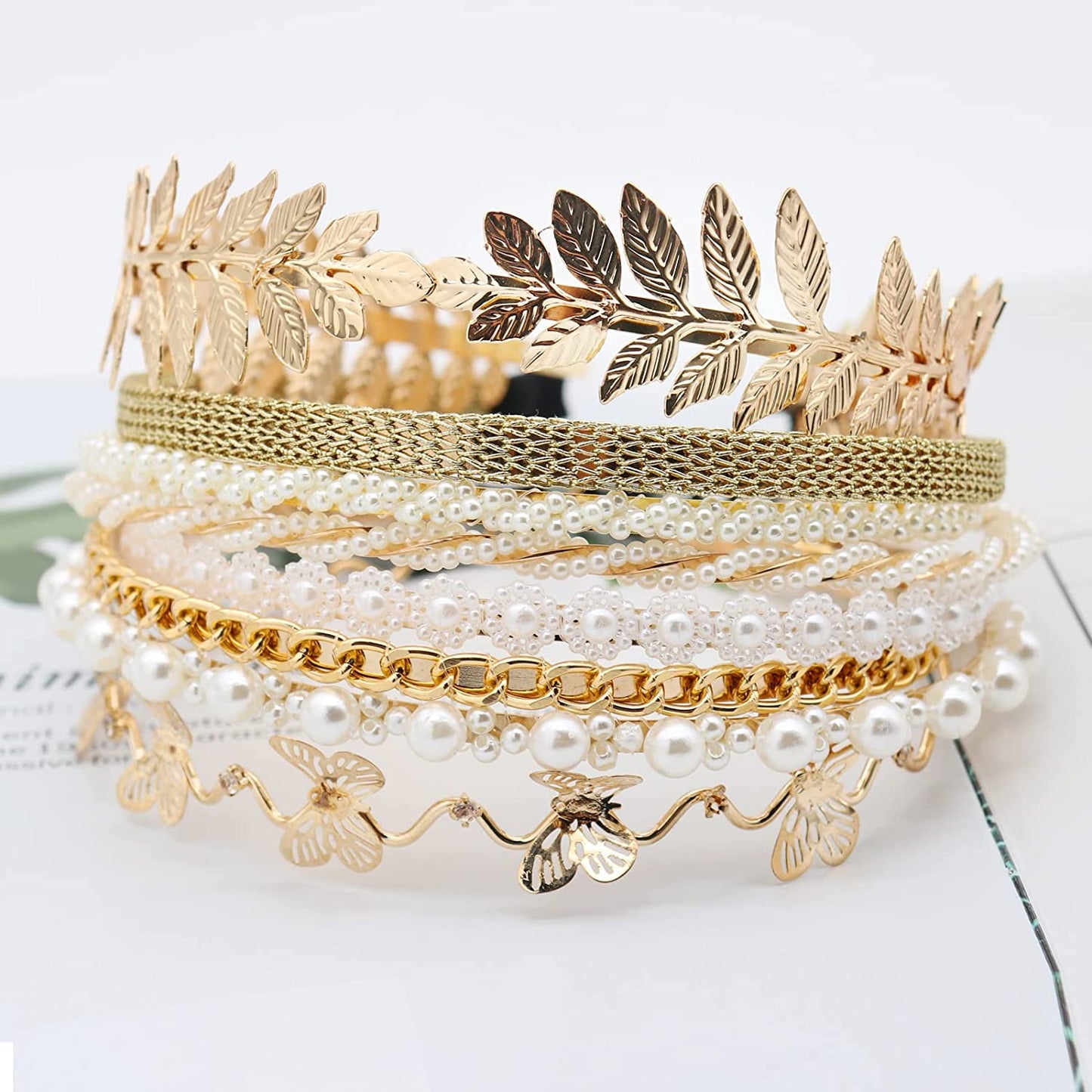 Fashion, elegant metallic headbands with pearls, 8 pcs