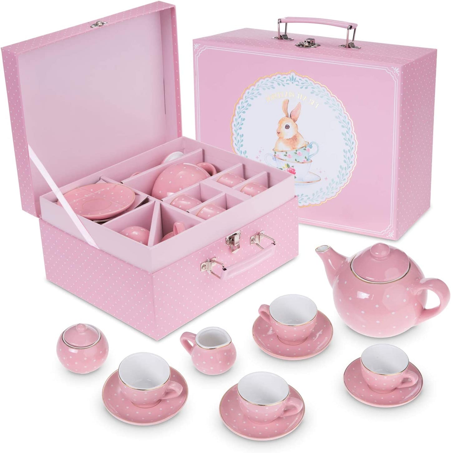 Girls Porcelain Tea Set, Pink Polka Dots, 13-Piece