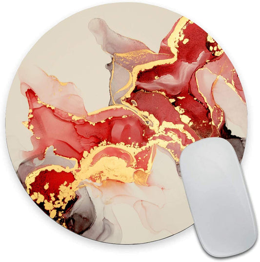 Round Mouse Pad, Color Red and White Marble