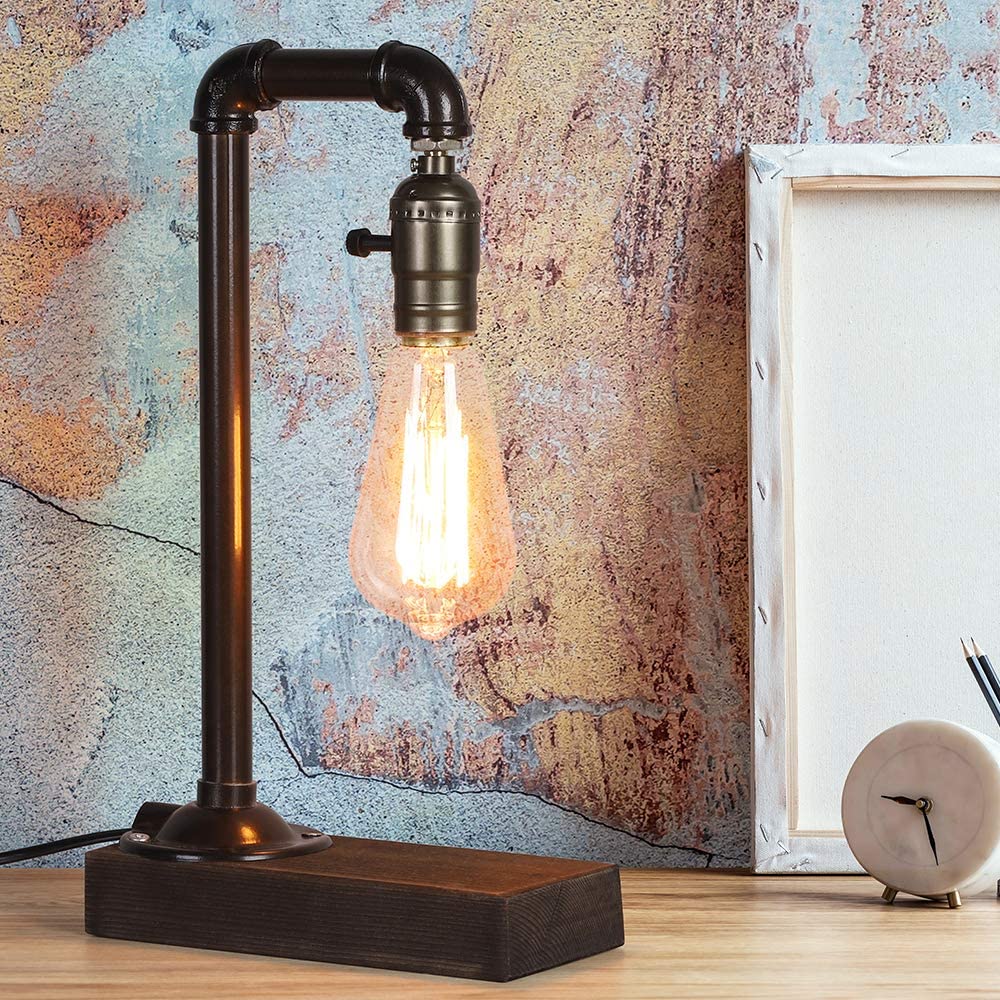 Vintage Retro Table Lamp with Wood Base and Iron Pipe (1 Pack)