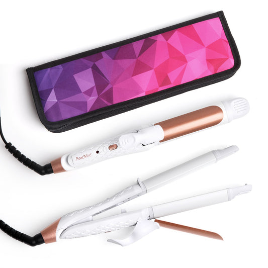 2-In-1 mini hair straightener, with carrying bag, white and gold