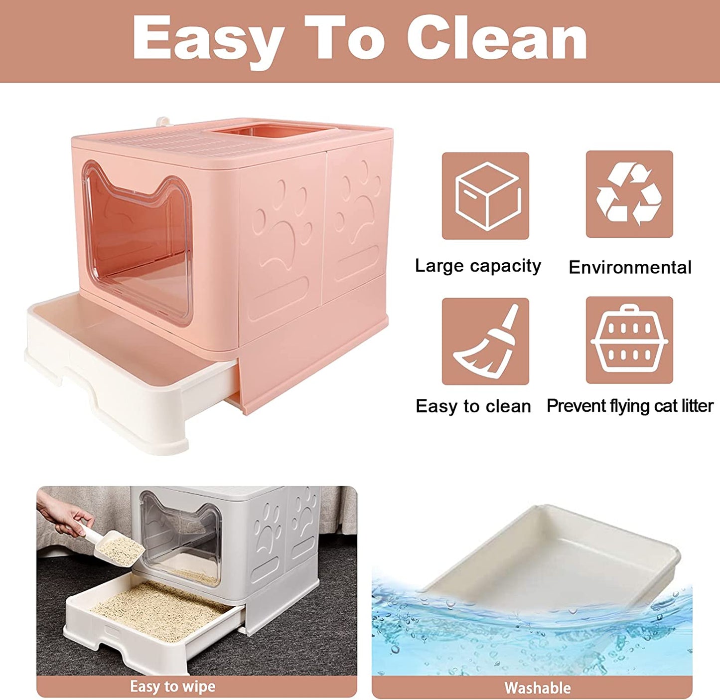 Collapsible litter box with lid for pets, pink