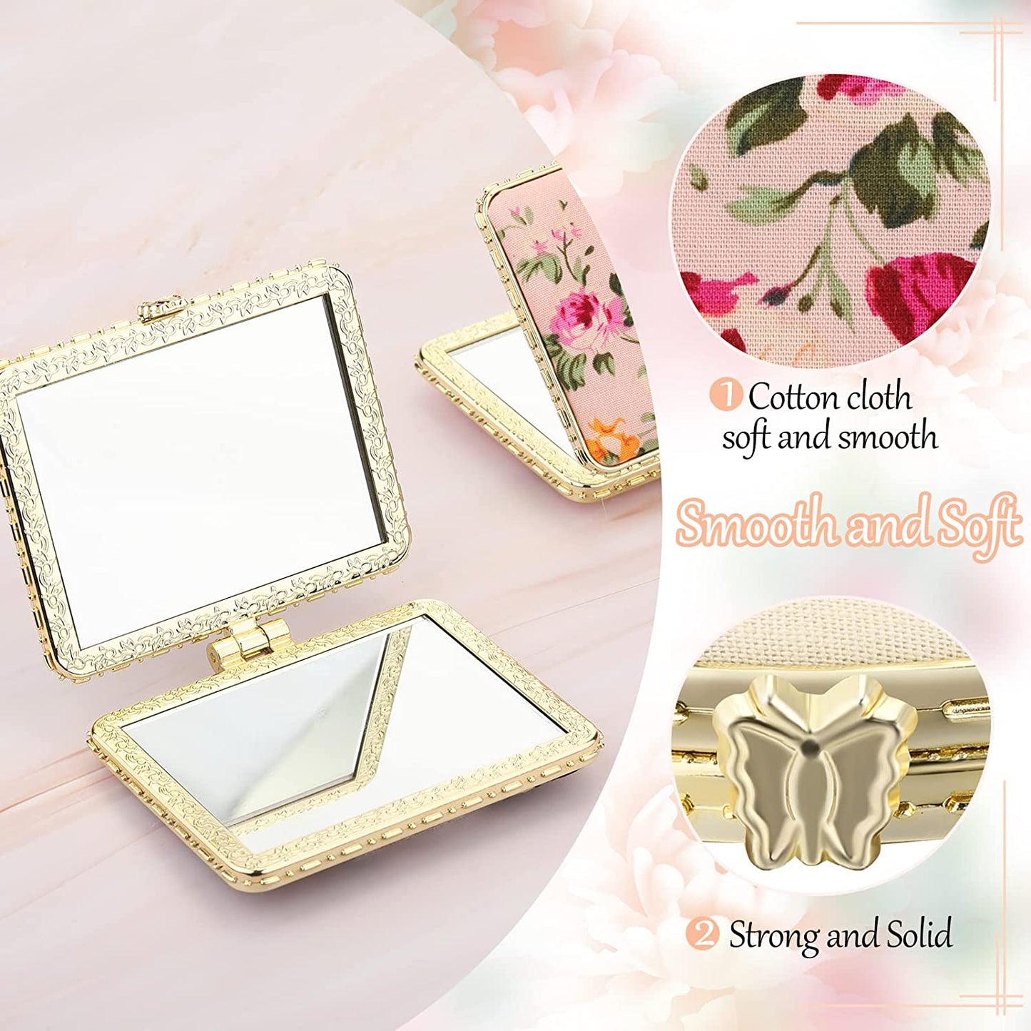 Portable compact mirror for bag, Color: Gold Edge, Retro Pattern