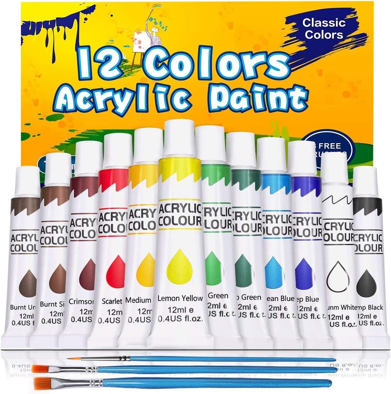 Acrylic paint set of 12 colors and 3 brushes