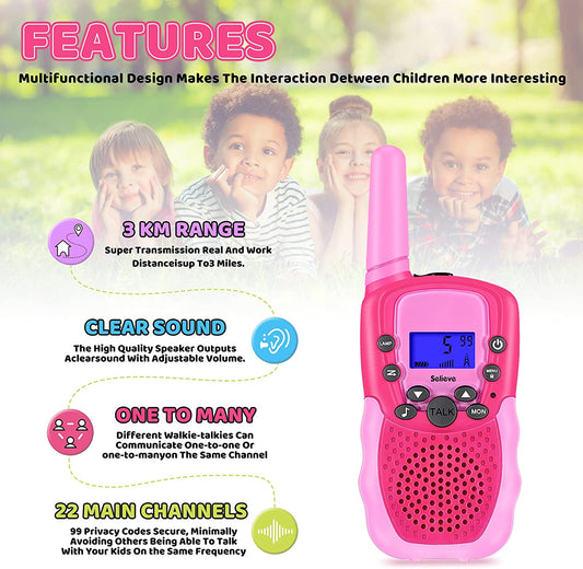 Kids Walkie Talkies 3 Pack 3KM Range 22 Channels Rose Pink