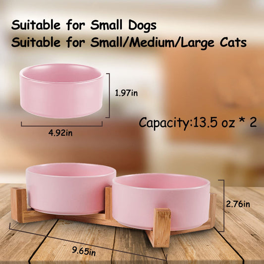400ml*2 pink ceramic pet bowl set with wooden stand