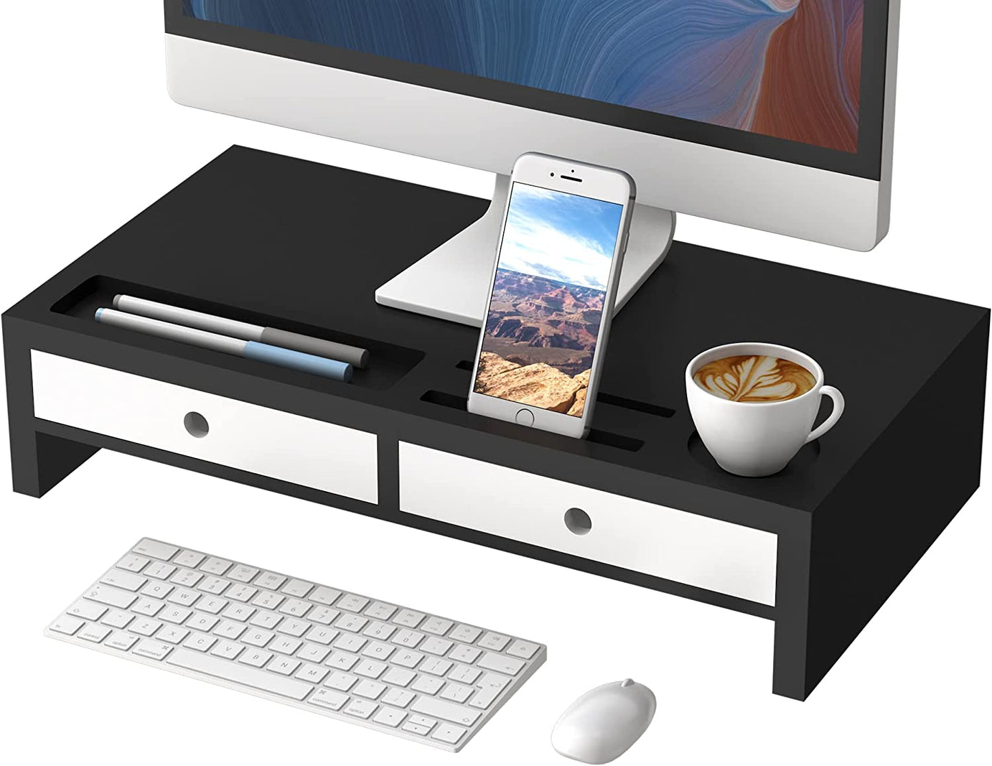 Desk Organizer with Monitor Stand and Drawers (Black, White)