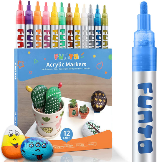 Acrylic Paint Pens, 12 Colors, Medium Point, Non-Toxic