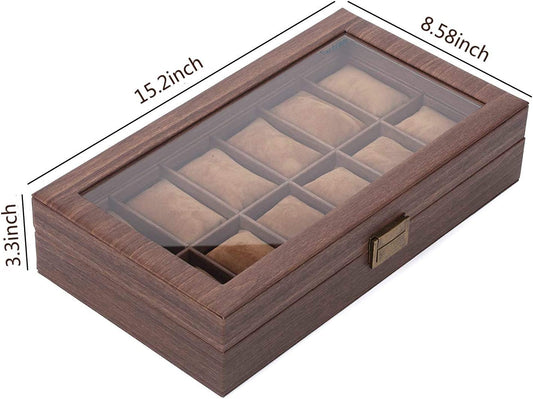 12 Slot Watch Organizer Box with Glass Lid, Brown