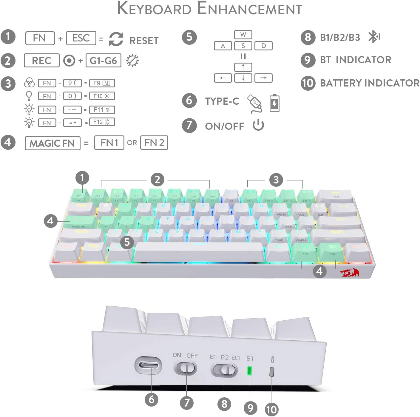 K530 60% Compact RGB Wireless Mechanical Keyboard, 61, white