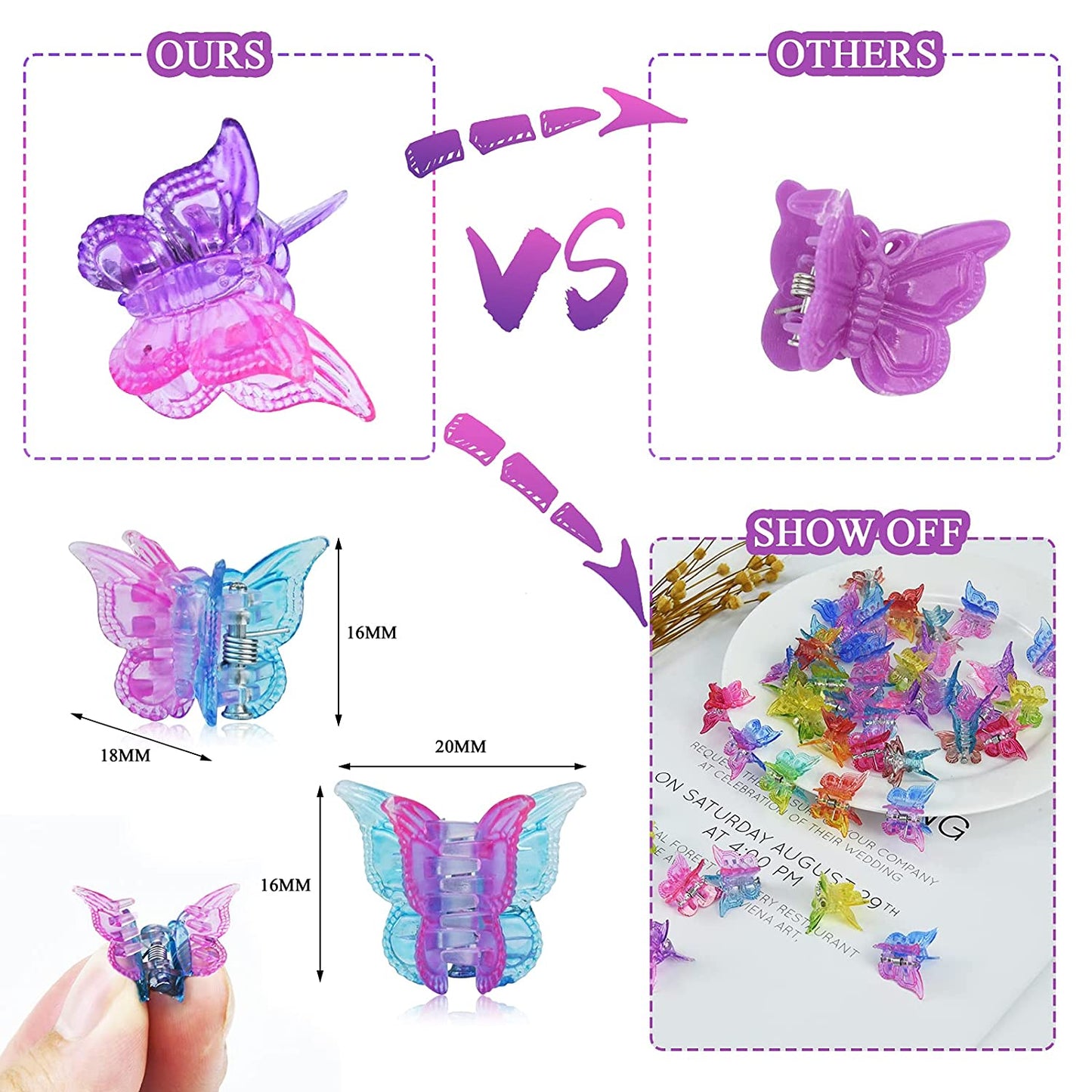 50 pieces of butterfly hair clips, deep gradient colors