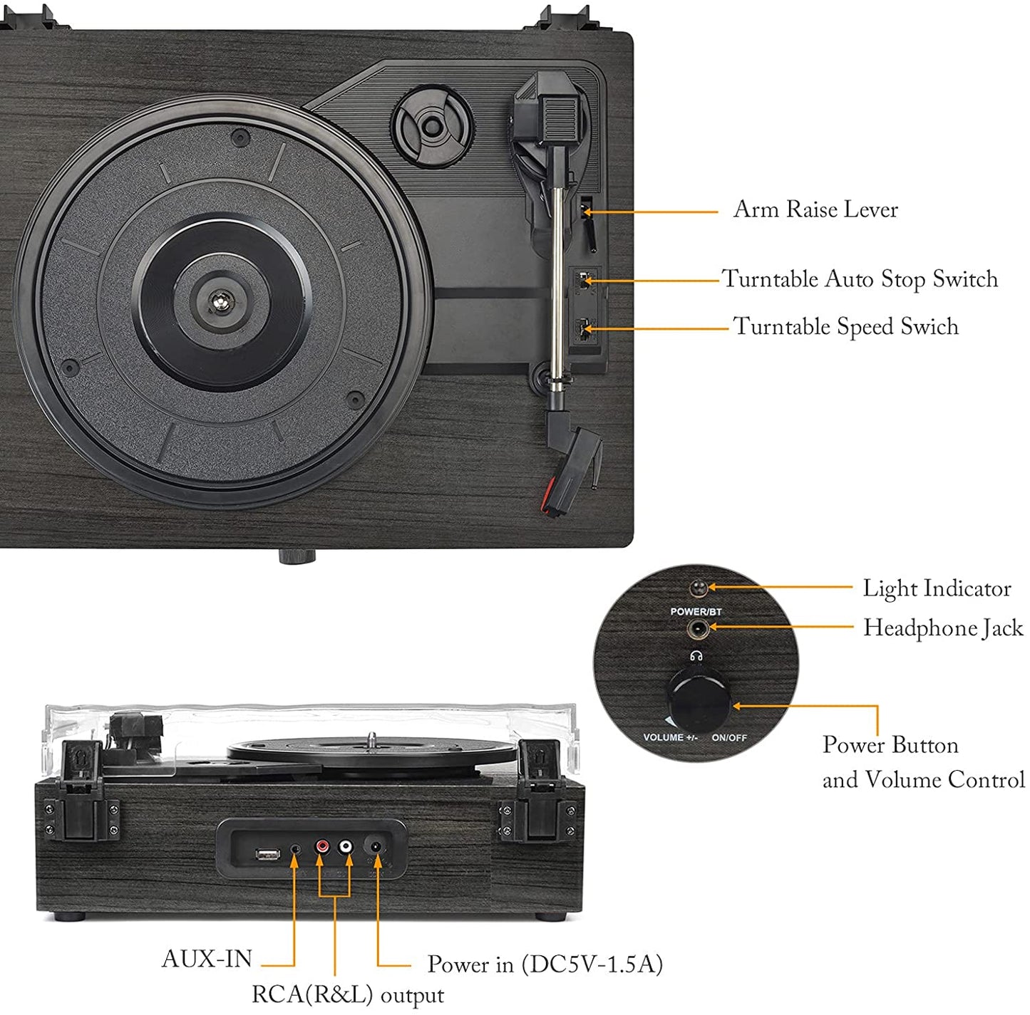 Wireless vinyl turntable with built-in speakers, black