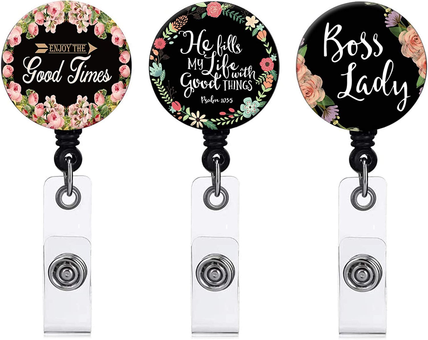 Retractable ID Badge Holder Reel, 3-Pack, Floral Design