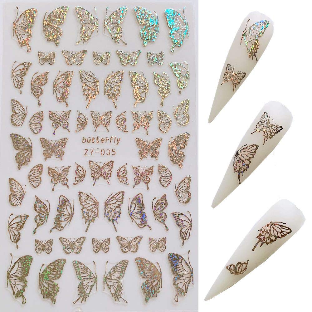 8 Sheet nail art stickers different butterfly shapes, color: gold