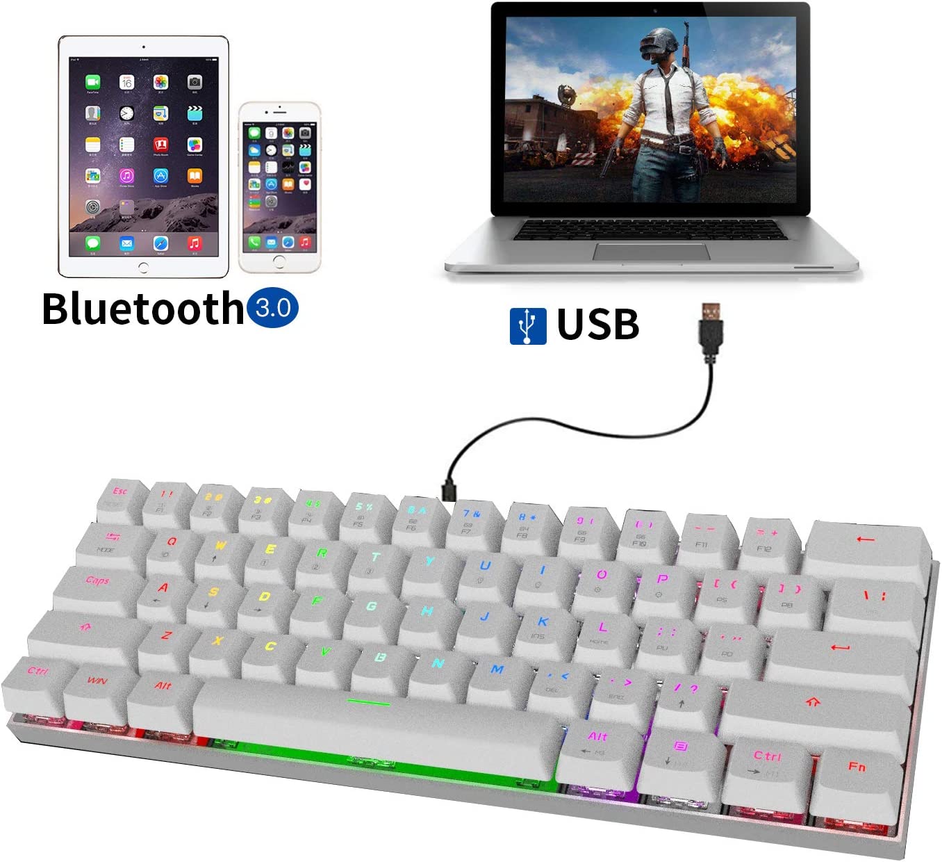 LED mechanical keyboard, Bluetooth RGB, 61 keys, (Color: white)