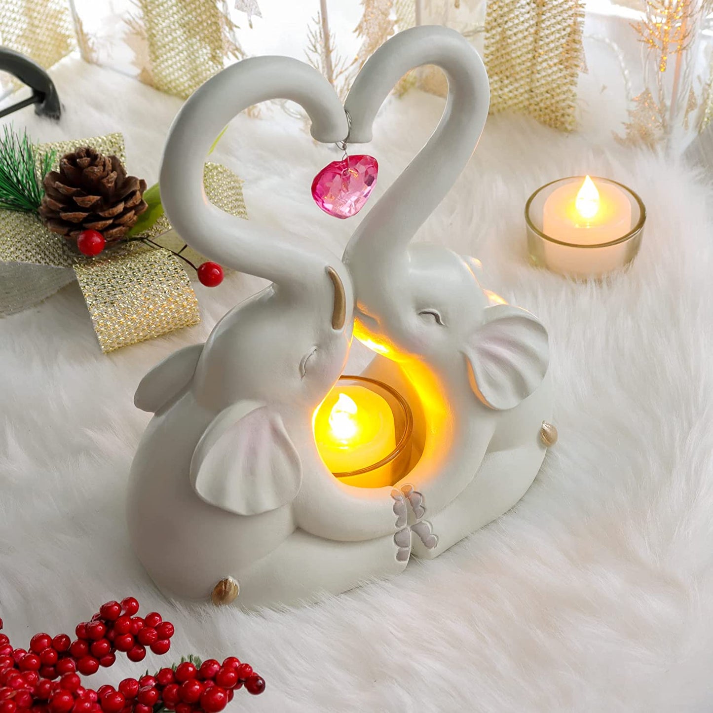 Elephants of love statue candle holder, color : White