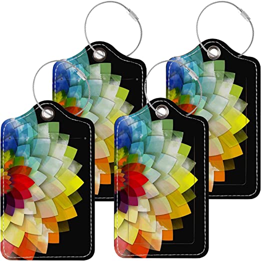 Pack of 4 Luggage Tags with, Stainless Steel Loop, Flower