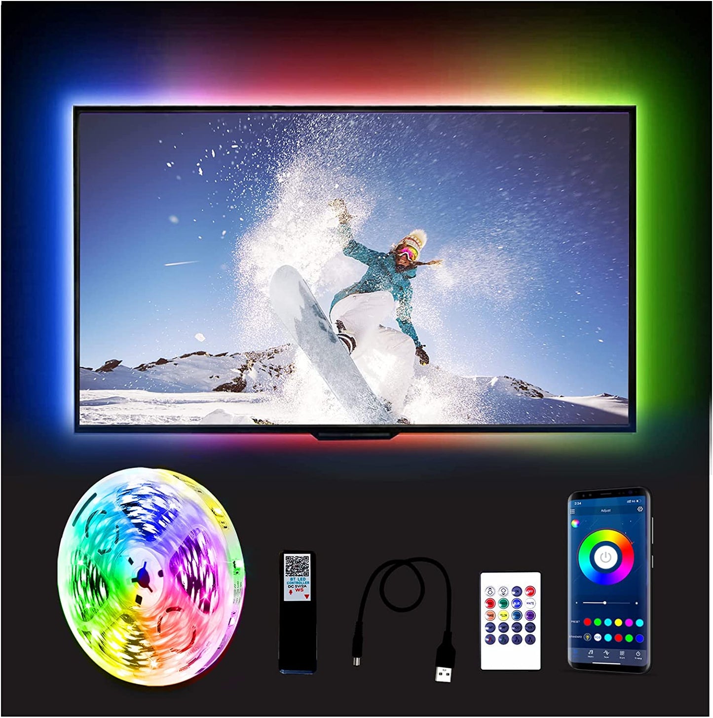 LED TV Light with App and Remote Control, 12.5FT, USB Powered.