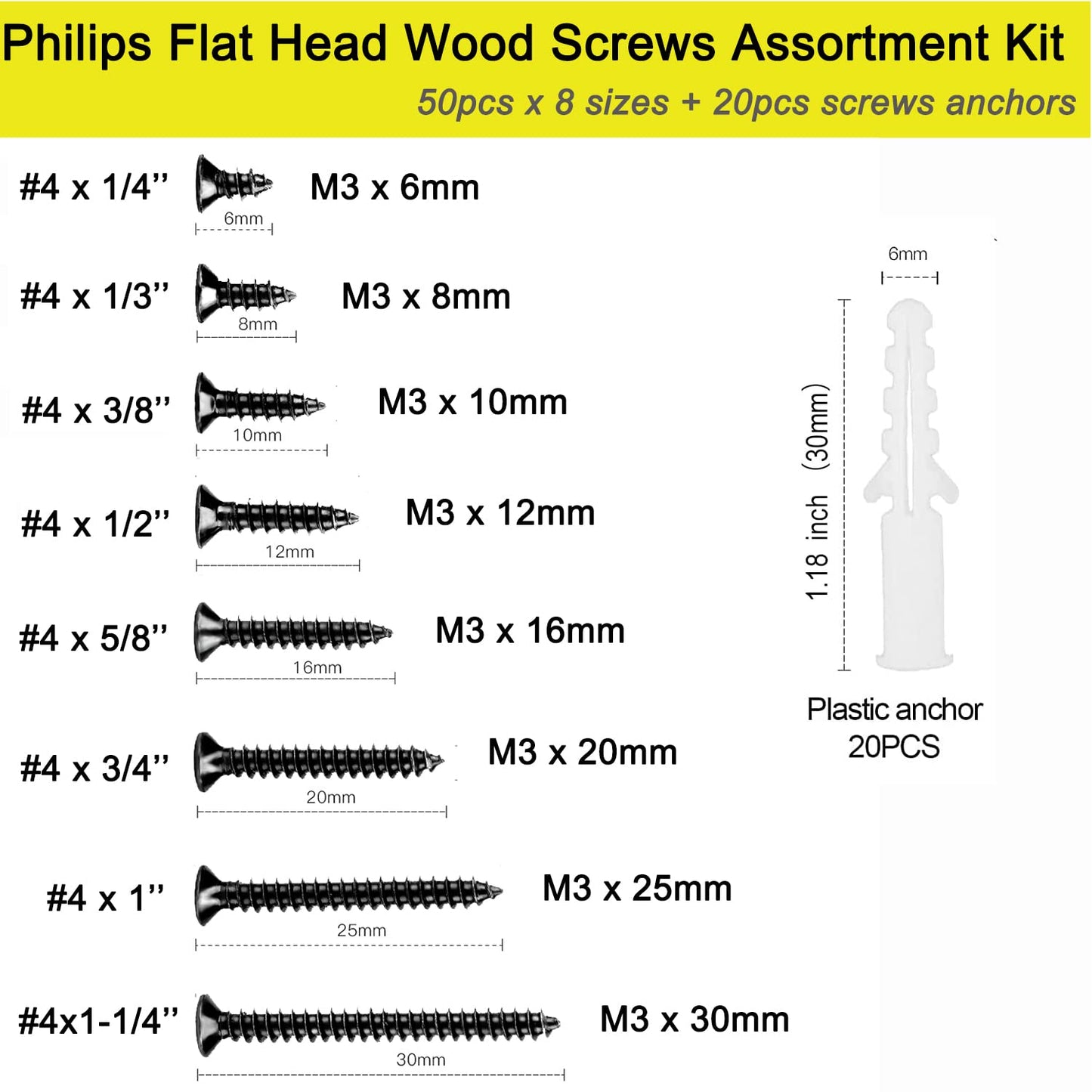 Wood Screw Assortment Kit, 400 Screws and 20 Anchors, (M3)