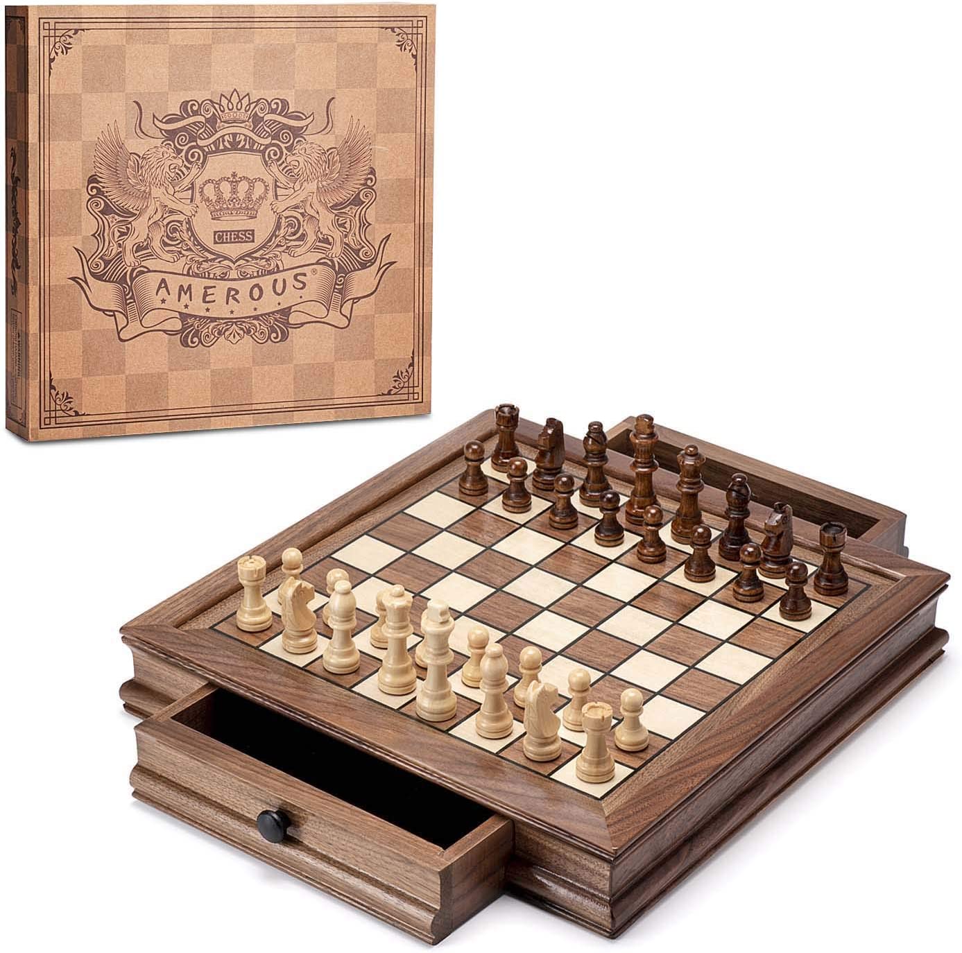 12.8" x 12.8" Wooden Magnetic Chess Set with 2 Storage Drawers