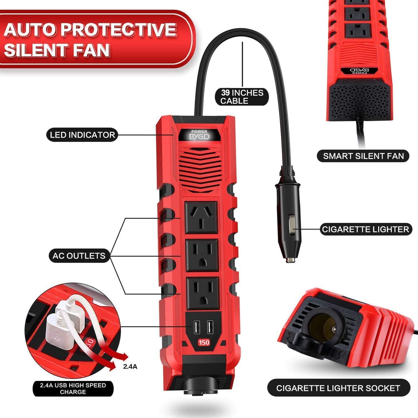 car power inverter, with 3 charger outputs,150 W red