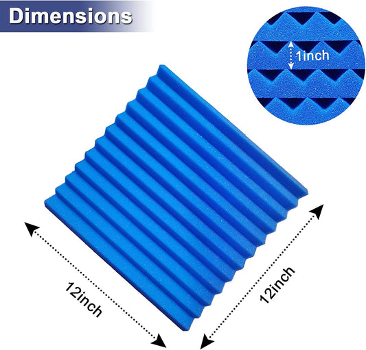 Pack of 52 Acoustic Foam Panels, 1"x12"x12" (Black/Blue)