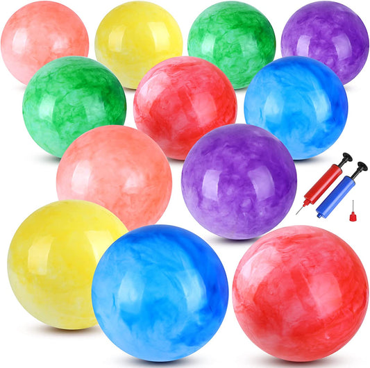 12 inflatable 9-inch balls and 2 hand pumps