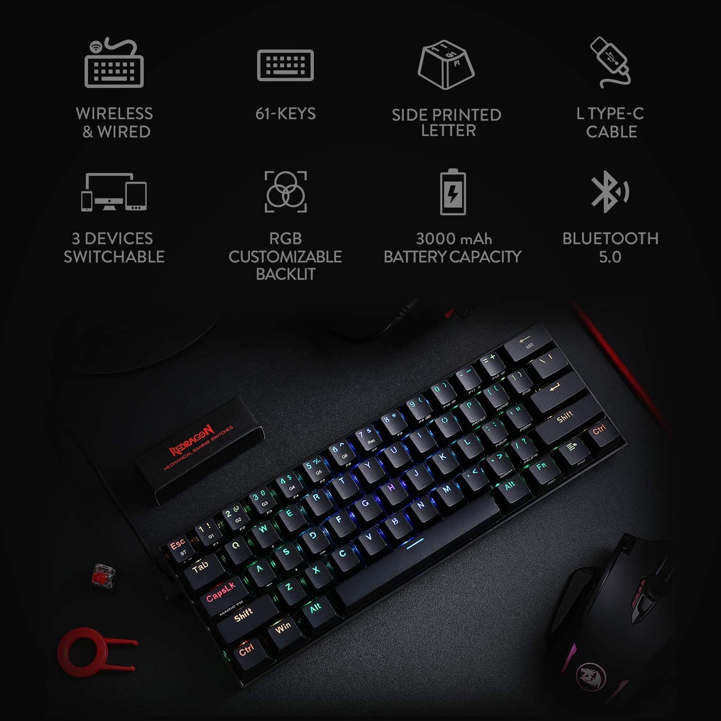 K530 60% Compact RGB Wireless Mechanical Keyboard, 61, Black