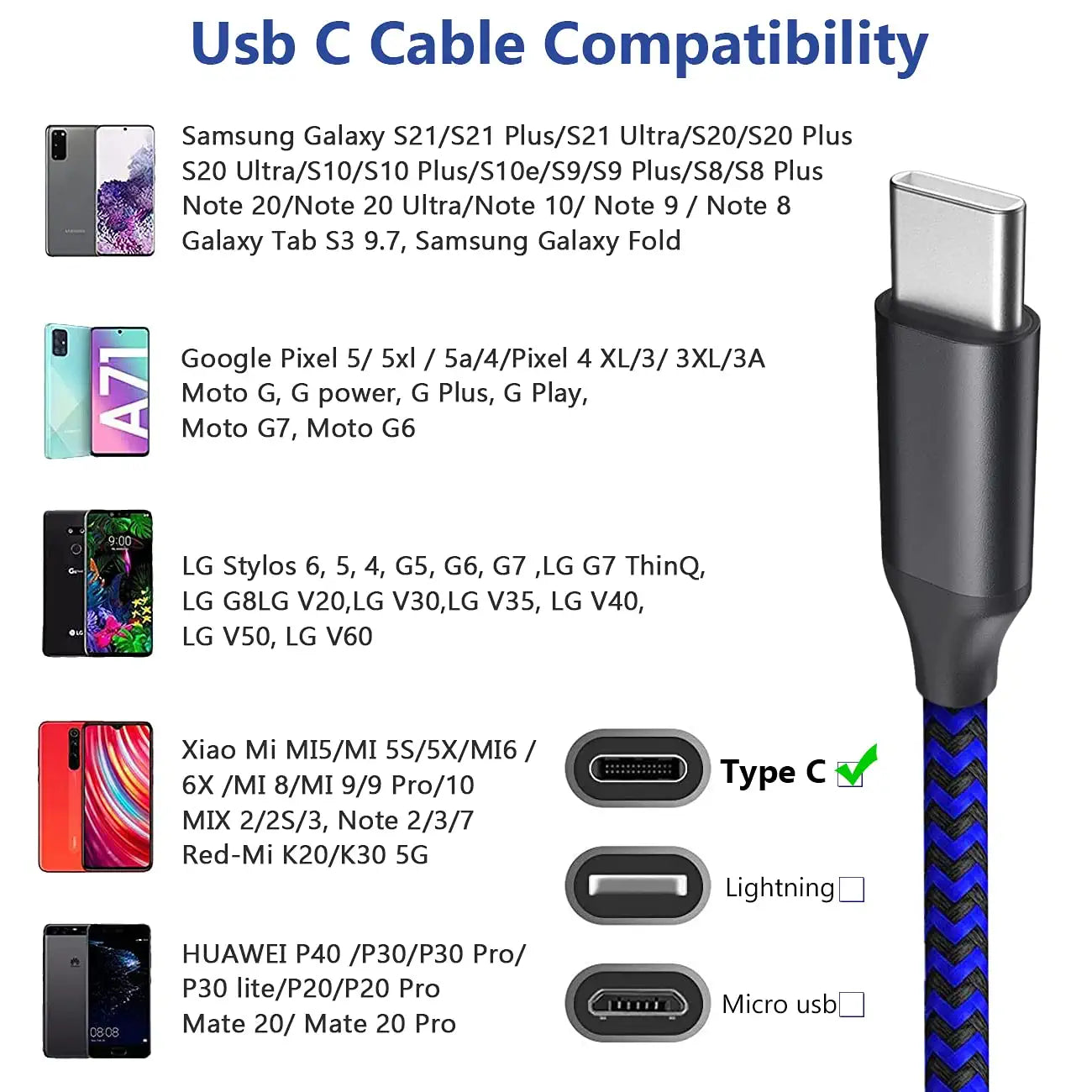 USB C Cable, 3 Pack USB C Charging Cables, More, Black, Blue, Red