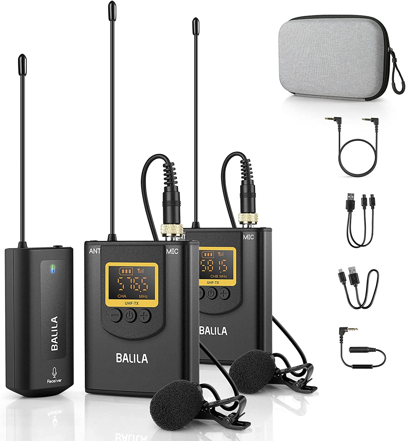 Wireless lavalier microphone system, transmitter 2 + receiver 1