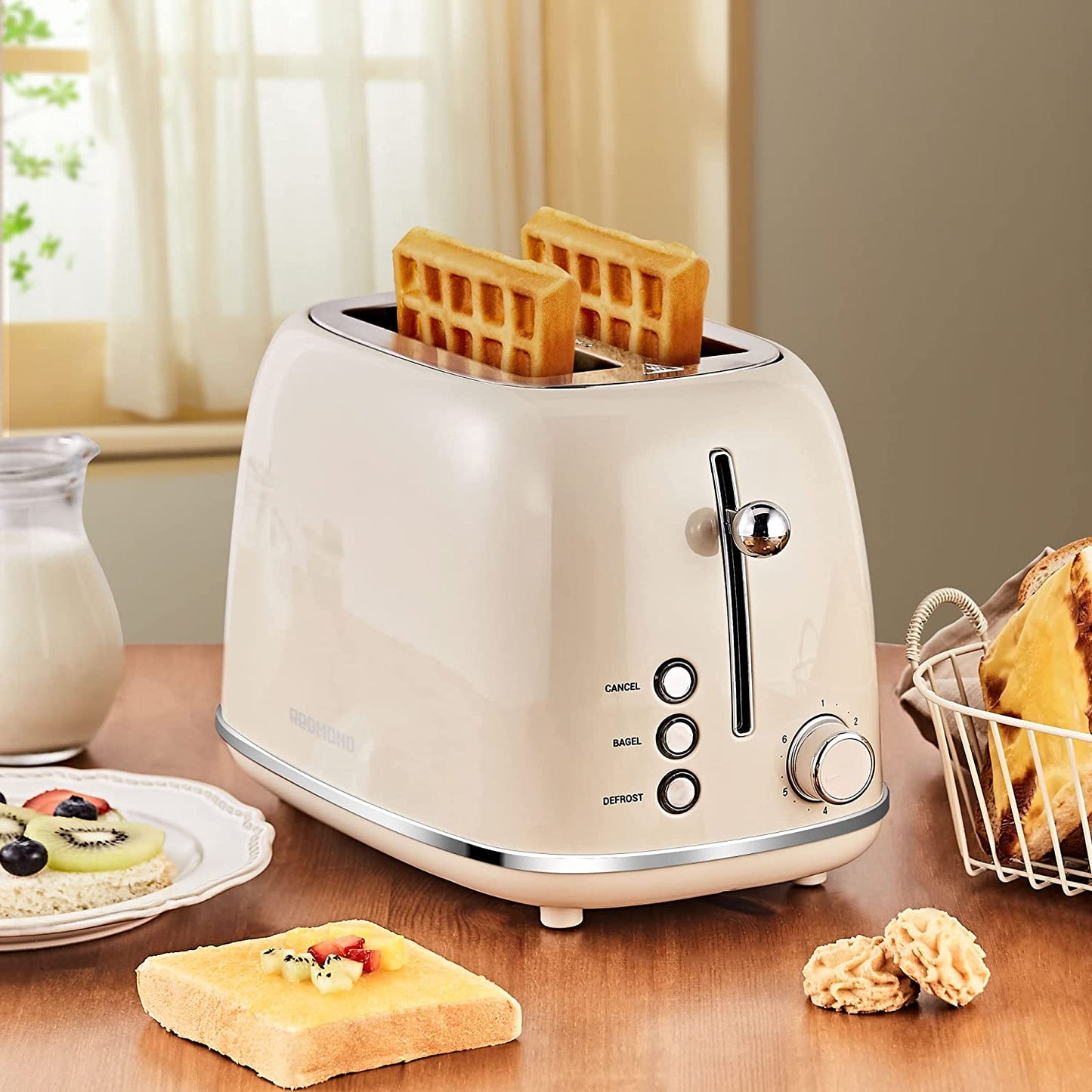 2 Slice Toaster Retro Stainless Steel Toaster with Bagel, cream