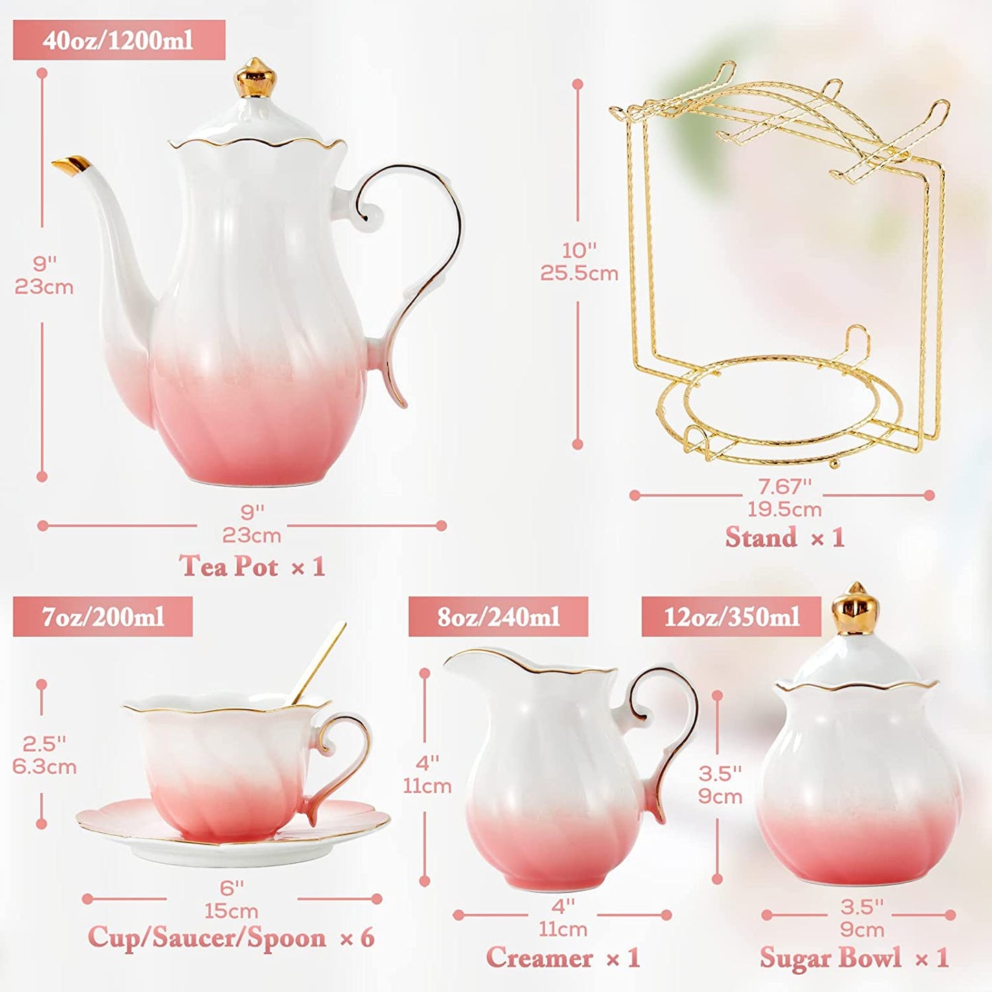 22-piece porcelain tea set (with stand) - gradient pink