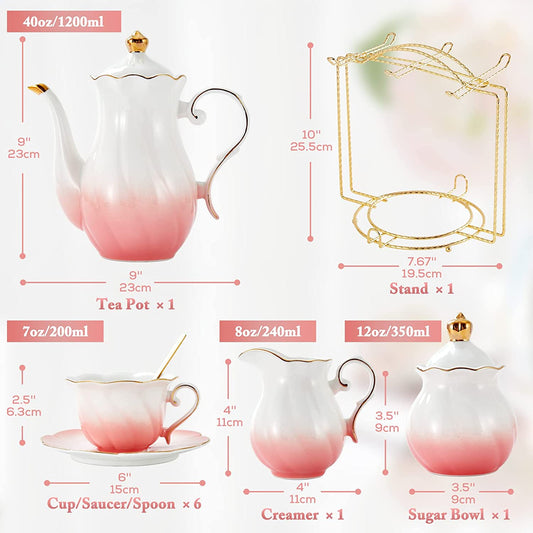 22-piece porcelain tea set (with stand) - gradient pink