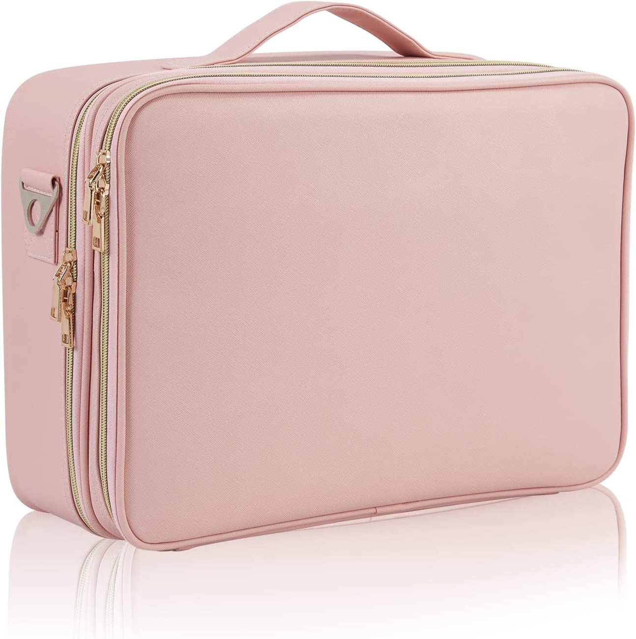 16-Inch Large 3-Layer Makeup Case with Stretch Slots, Pink