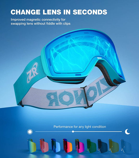 Ski goggles, cylindrical magnetic, Sky Blue Frame Gold Lens