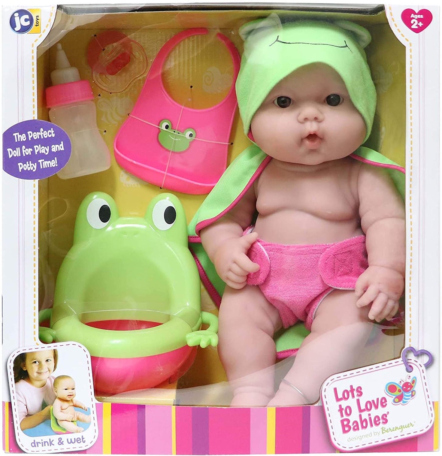 14-inch vinyl doll with 7-piece bath set (Green/Pink)