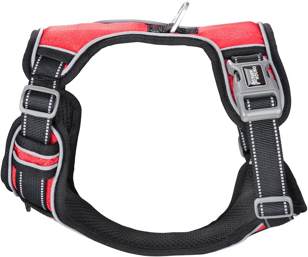 Pet harness, 2 metal rings and adjustable handle, Red Black