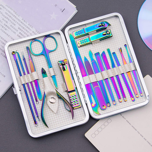 18 Piece Stainless Steel Manicure Set (Rainbow_18)