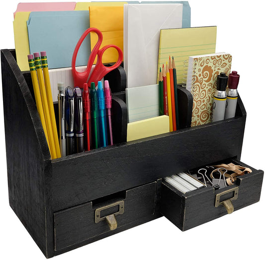 Black Wood Office Desk Organizer - Includes 6 Compartments